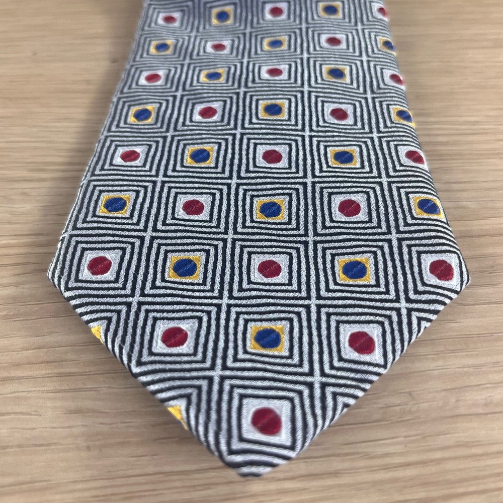Bellinzona Mens Silk Tie Geometric Square Pattern Red Blue Silver Hand Sewn USA